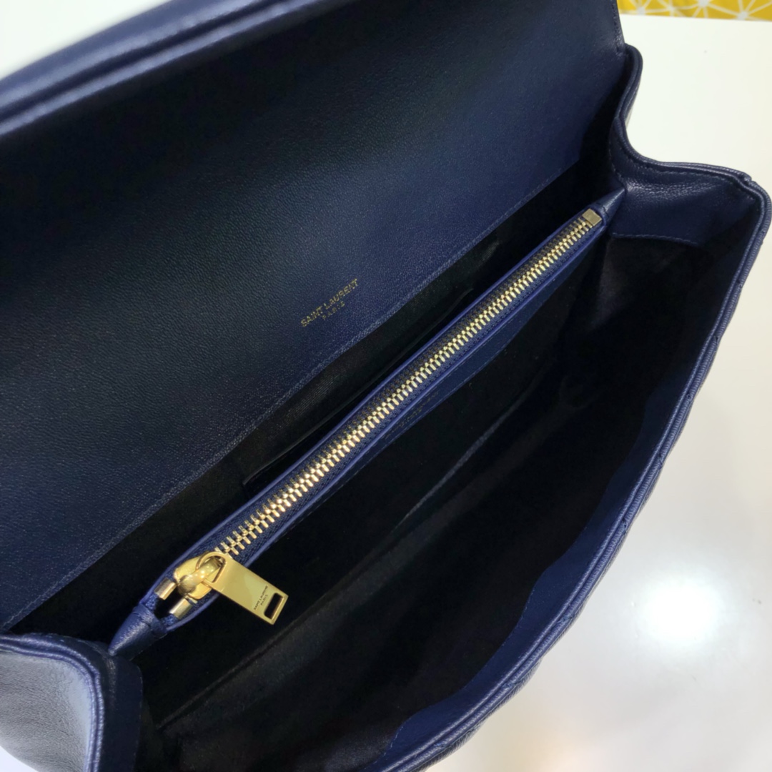 Saint Laurent Lambskin College Handbag Shoulder Bag Navy Blue 392738 Gold